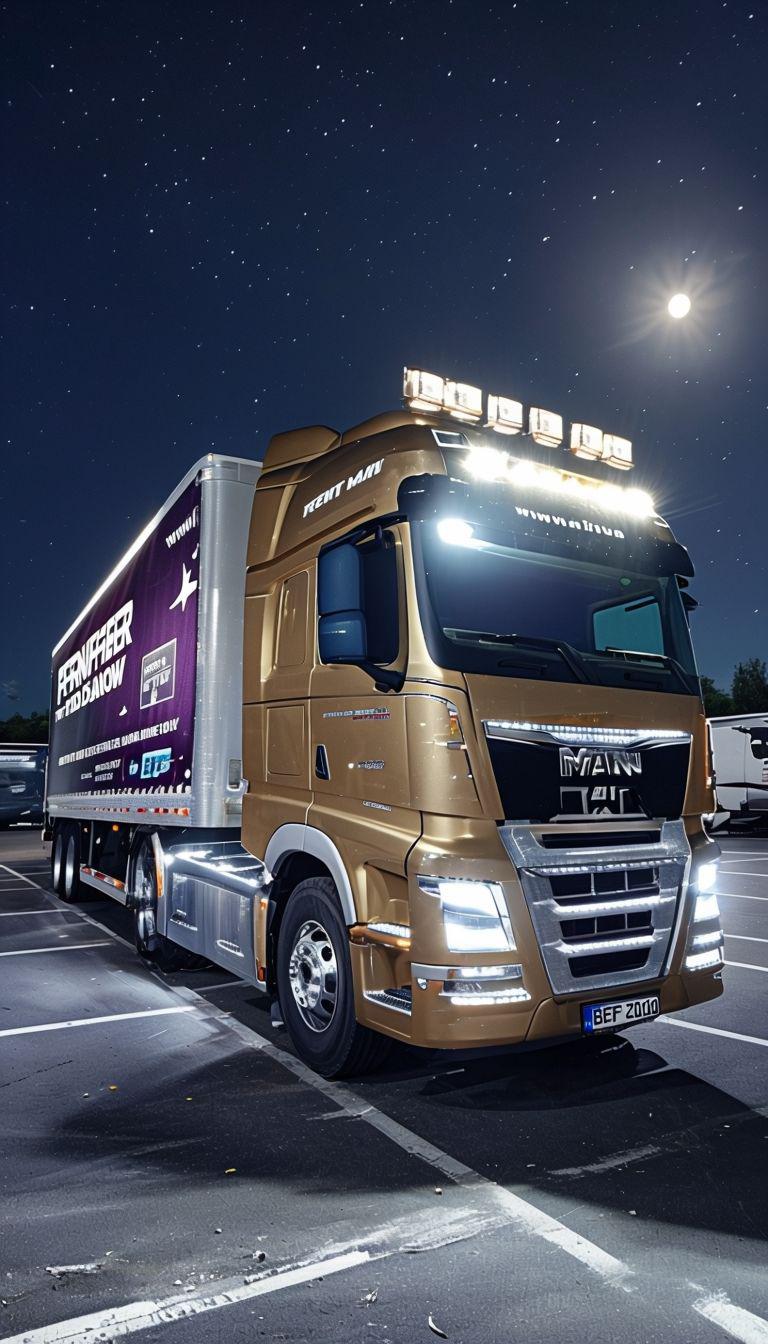 Goldfarbener MAN-Lkw von Panman Translog bei Nacht mit eingeschaltetem Licht – zuverlässiger Frachttransport europaweit