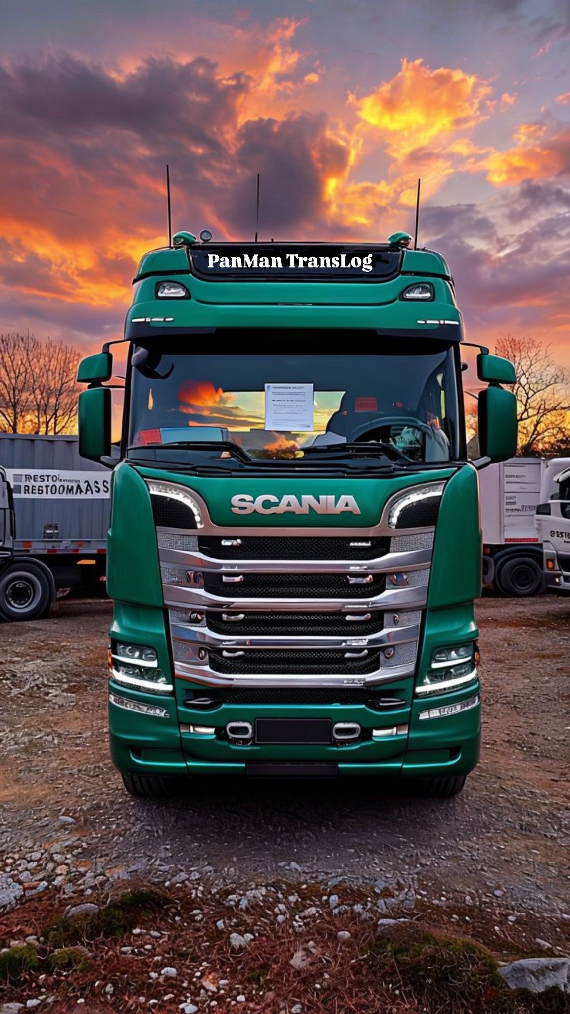 Grüner Scania-Lkw auf felsigem Boden bei Sonnenuntergang – Panman Translog Transportdienst